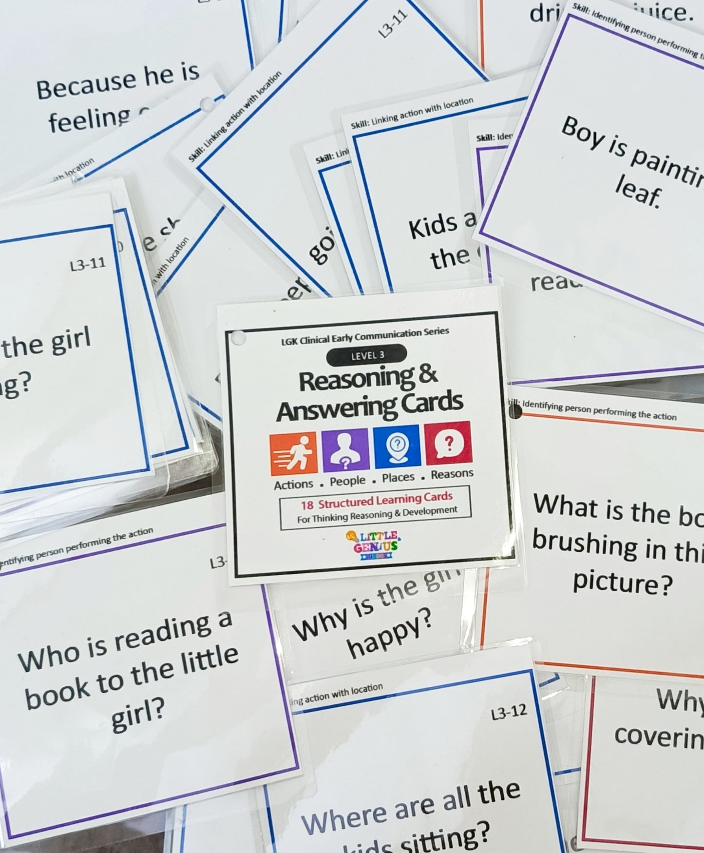 LGK Level 3 – Intraverbal Reasoning & WH Answering Cards (4×4) | ABLLS-R Aligned Communication System for Autism & Speech Therapy