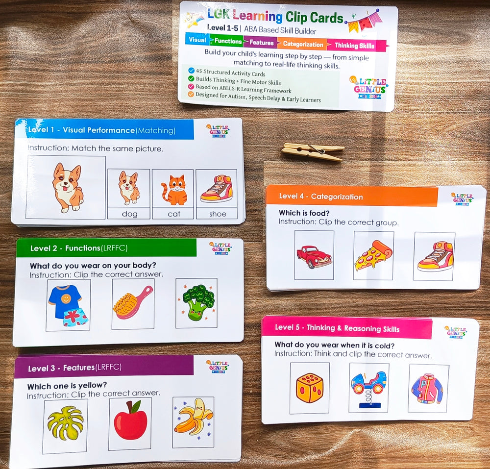 ABA Learning Clip Cards (Level 1–5) – Autism & Special Education Skill Builder | Matching, Functions, Categorization & Thinking Skills | Fine Motor + Cognitive Development | Laminated Activity Cards for Kids