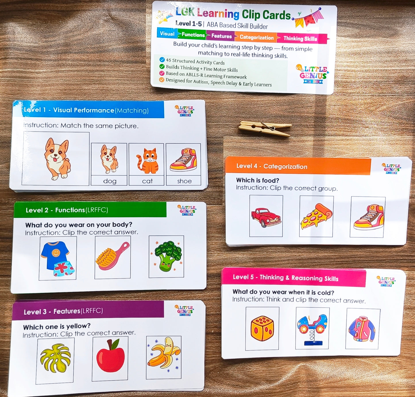 ABA Learning Clip Cards (Level 1–5) – Autism & Special Education Skill Builder | Matching, Functions, Categorization & Thinking Skills | Fine Motor + Cognitive Development | Laminated Activity Cards for Kids