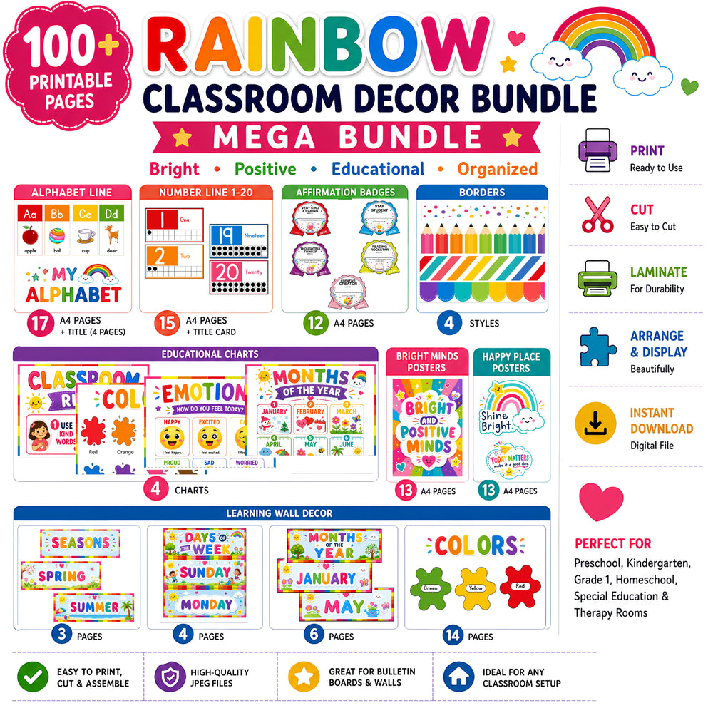 Rainbow Classroom Decor Bundle | 100+ Printable Pages | DIGITAL DOWNLOAD
