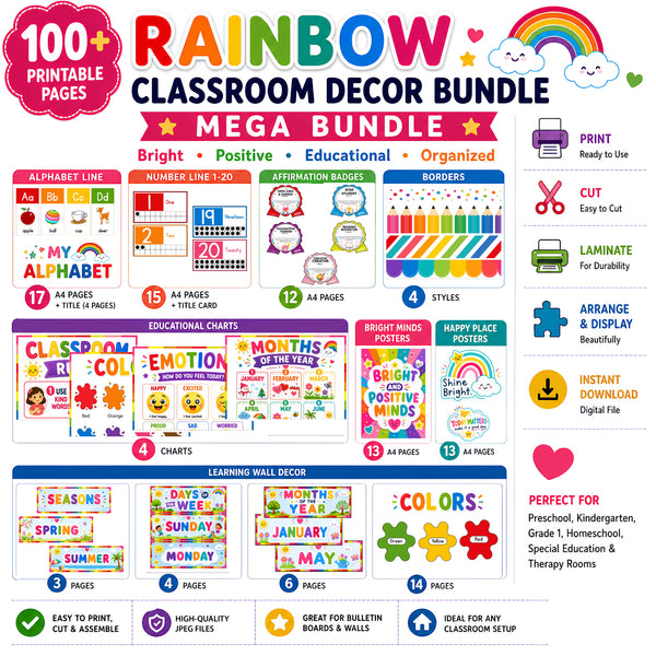 Rainbow Classroom Decor Bundle | 100+ Printable Pages | DIGITAL DOWNLOAD