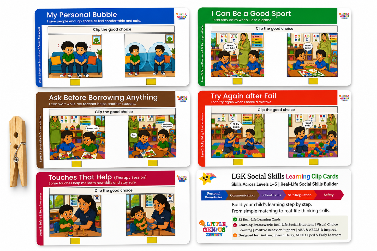 LGK Social Skills Learning Clip Cards | Autism | ABLLS-R® Inspired | Social Skills | Communication | Real-Life Learning Cards