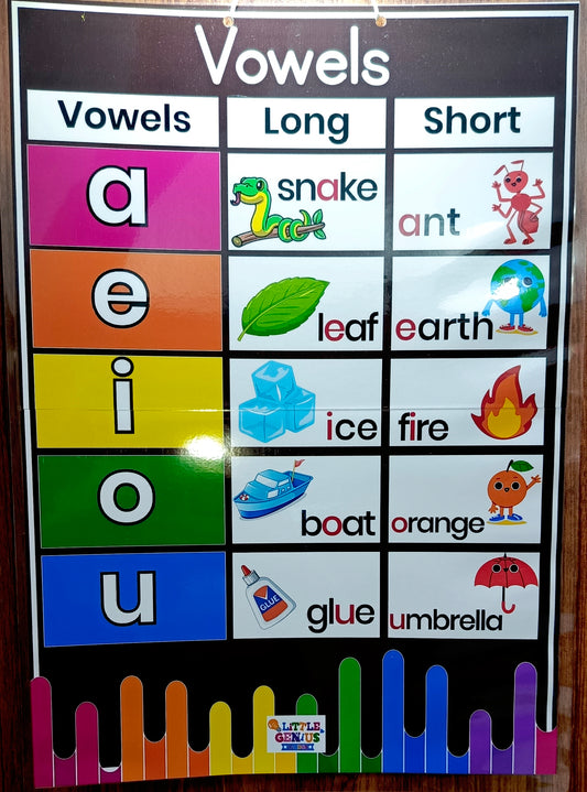 🔤 Vowel Sounds Chart – Long & Short Vowels (A3 Size, Dark Brown)