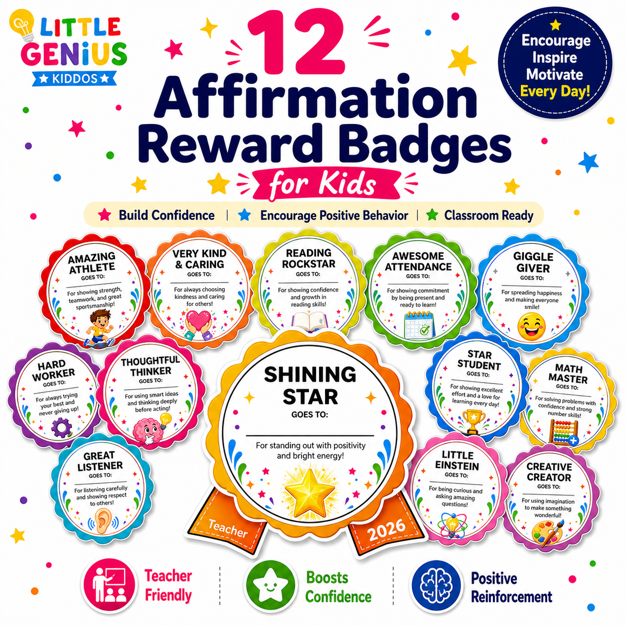 12 Affirmation Reward Badges for Kids | Classroom Behavior Rewards | Positive Reinforcement Tools for Teachers | Confidence Building Classroom Awards
