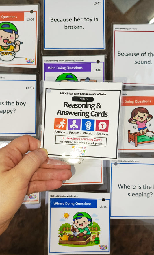 LGK Level 3 – Intraverbal Reasoning & WH Answering Cards (4×4) | ABLLS-R Aligned Communication System for Autism & Speech Therapy